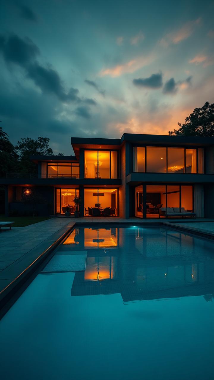 Reel de una casa moderna con piscina al atardecer